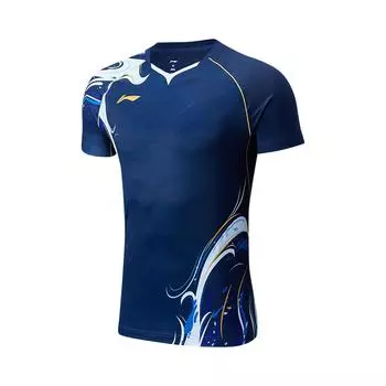 Li-Ning Badminton Series Color Block Printed V-Neck Pullover Short Sleeve Badminton Shirt Unisex tops Deep-Navy AAYU229-4 M