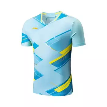 Li-Ning Badminton Series Color Block V-Neck Pullover Breathable Short Sleeve Badminton Shirt Unisex tops Light-Blue Blue AAYU227-6 L