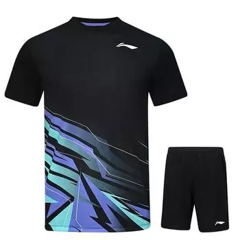 Li-Ning Badminton Series Color Block V-Neck Comfortable Breathable Versatile Short Sleeve T-Shirt Mid Waist Shorts Casual Sports Set AATV013-1 S