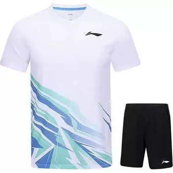 Li-Ning Badminton Series Color Block V-Neck Comfortable Breathable Versatile Short Sleeve T-Shirt Mid Waist Shorts Casual Sports Set AATV013-2 M