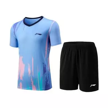 Li-Ning Badminton Series Color Block V-Neck Breathable Short Sleeve T-Shirt Mid Waist Shorts Casual Sports Set Unisex Sports Set AATV041-5 M