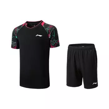 Li-Ning Badminton Series Colorful Geometric V-Neck Quick-Dry Short Sleeve Simple Tie Shorts Casual Sports Set Unisex Sports Set Black AATV015-1 S