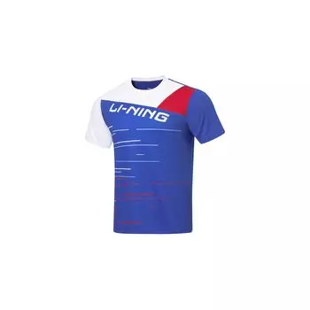 Li-Ning Badminton Series Letter Print Color Block Short Sleeve T-Shirt Unisex Tops Crystal-Blue AAYT069-2 XL