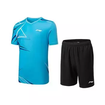 Li Ning Badminton Series Logo Line короткие рукава V-образный вырез эластичные шорты повседневный спортивный костюм унисекс спортивная одежда AATU051-3 S