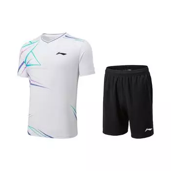 Li Ning Badminton Series Logo Line V-образный вырез с коротким рукавом Свободный спортивный комплект унисекс спортивный комплект AATU051-2 M