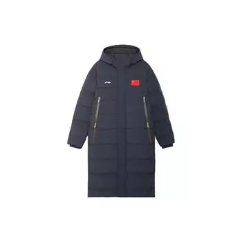 Li Ning Badminton Series Logo Print Pattern National Flag Pattern Long Hooded Down Jacket Winter Men Upperwear Black AYMS209-3 L