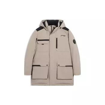 Li Ning Badminton Series однотонная куртка-пуховик с капюшоном и длинными рукавами на молнии для мужчин, верхняя одежда серебристо-коричневого цвета AYMS211-1 M