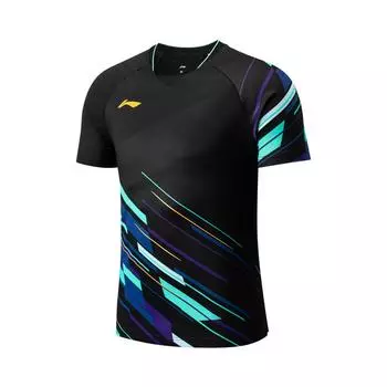 Li Ning Badminton Series Полная печать V-образный вырез свитер Удобная универсальная дышащая рубашка для бадминтона с коротким рукавом унисекс топы черного цвета AAYU223-1 S