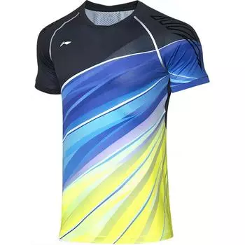 Li Ning Badminton Series Полосатый свитер с круглым вырезом и буквами Удобная универсальная дышащая рубашка для бадминтона с коротким рукавом Топы унисекс AAYQ069-3 M