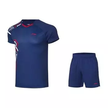 Li Ning Badminton Series Printed Logo Quick-Dry Cool Competition Casual Sports Suit Men Sports Suit Deep-Purple Blue AATQ087-1 L