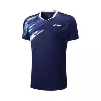 Li-Ning Badminton Series Printed V-Neck Comfortable Breathable Versatile Casual Short Sleeve Badminton Shirt Unisex tops Deep-Purple Blue AAYV025-1 S