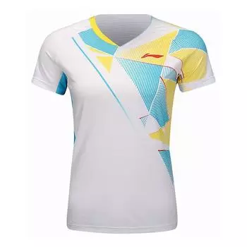Li-Ning Badminton Series Striped Color Block V-Neck Comfortable Breathable Short Sleeve Badminton Shirt Women tops Standard-White AAYU140-2 S