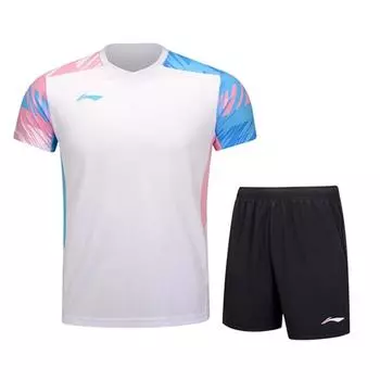 Li Ning Badminton Series, свитер с цветными блоками и V-образным вырезом, футболка с коротким рукавом, шорты со средней талией, повседневный спортивный комплект, спортивный комплект унисекс AATU023-1 S