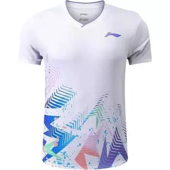 Li Ning Бадминтон Серия Цветная Принтованная Футболка-Пуловер с V-образным вырезом и короткими рукавами Мужские Топы Стандартный-Белый AAYT993 M