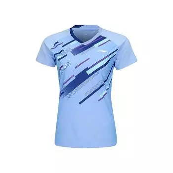 Li Ning Бадминтон Серия Логотип Полоска Принт Удобная Повседневная Универсальная Футболка с V-образным вырезом и коротким рукавом Женская Футболка Цветочный-Синий AAYV034-3 S