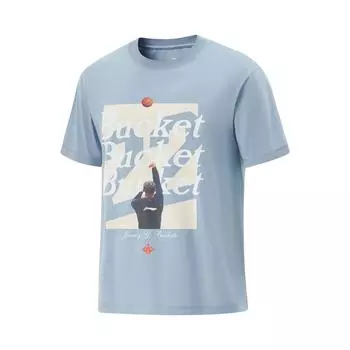 Li-Ning Basketball Series Letter Print Pattern Breathable Versatile Short Sleeve T-Shirt Men Tops Cyan-Gray-Blue AHSV401-2 S