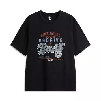 Li-Ning Basketball Series Printed Letter Crew Neck Breathable Versatile Loose Short Sleeve T-Shirt Men Tops Black AHSV217-5 M