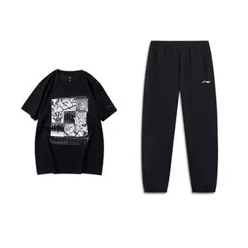 Li-Ning Basketball Series Regular Drop Shoulder Short Sleeve T-Shirt Breathable Quick-Dry Pants Casual Sports Suit Unisex suit AHSUA27-2+AYKU691-1 S