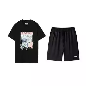 Li-Ning Basketball Theme Printed Fashion Versatile Round Neck Pullover Short Sleeve T-Shirt Casual Sports Suit Unisex Tops AHSU979-1+AKSV843-1 L