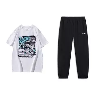 Li Ning Баскетбольная серия Обычная футболка с круглым вырезом и коротким рукавом Дышащая Быстросохнущая Логотип Длинные брюки Повседневный спортивный костюм AHSUA27-1+AYKU691-1 S