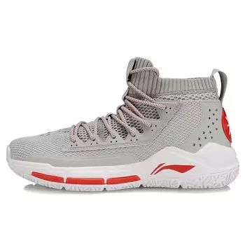 Li-Ning Баскетбольные кроссовки Fission 5 из ткани с амортизацией, противоскользящие, износостойкие, среднего размера, мужские, белые, серые, красные ABAP027-3 47