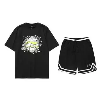 Li Ning Баскетбол Принт Круглый вырез Удобный Модный С коротким рукавом Повседневный Спортивный костюм Унисекс костюм Черный AHSUA05-2+YAPV001-1 M