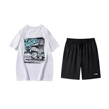 Li Ning Баскетбол Принт Мода Свободная Футболка с Круглым Вырезом и Коротким Рукавом Повседневный Спортивный Комплект Унисекс Топы AHSUA27-1+AKSV843-1 L