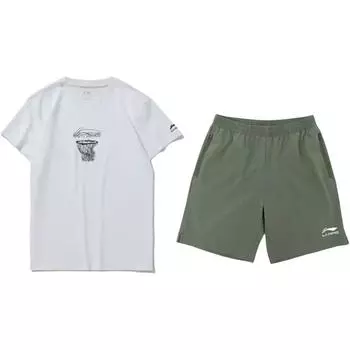 Li Ning Баскетбол Принт Модный Универсальный Удобный Пуловер с Круглым Вырезом Футболка с Коротким Рукавом Повседневный Спортивный Комплект Унисекс Топы AHST467-1+YKSV147-1 S