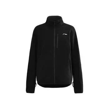 Li Ning Базовая фирменная свободная универсальная флисовая куртка с воротником-стойкой, заниженной линией плеча, на молнии, куртка унисекс, черная AENU001-1 S
