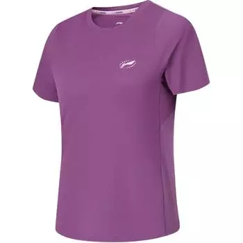 Li Ning Беговая серия Однотонная футболка с логотипом, круглым вырезом и коротким рукавом, женский топ темно-фиолетовый ATSU202-6 S
