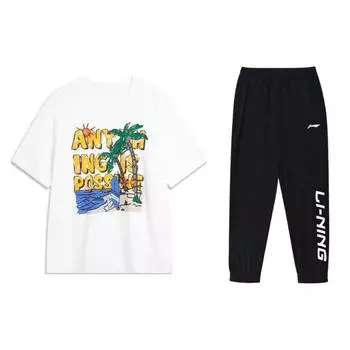 Li-Ning Breathable Cool Summer Short Sleeve T-Shirt Comfortable Long Pants Casual Sports Suit Men sets AHSU707-2+YYKU181-1 S