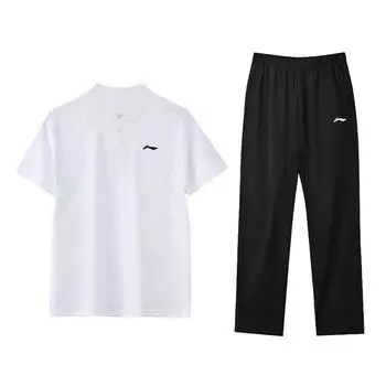 Li-Ning Breathable Printed Straight-Cut Short Sleeve Top Quick-Dry Long Pants Casual Sports Suit Men suit YPLU073-1+AYKU703-1 S
