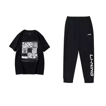 Li-Ning Breathable Round Neck Short Sleeve T-Shirt And Quick-Dry Pants Casual Sports Suit Unisex Sportswear Black AHSUA27-2+YYKU111-1 S