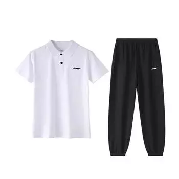 Li-Ning Breathable Solid Color Short Sleeve Fitted Versatile Fashion Long Pants Casual Sports Suit Men suit APLU751-2+AYKT415-1 S