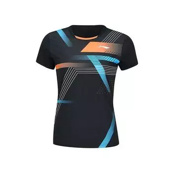 Li-Ning Breathable Striped Geometric Pattern Round Neck Slim Fit Short Sleeve T-Shirt Women Tops Black AAYU138-1 S