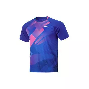 Li-Ning Быстросохнущая прохладная трикотажная футболка с коротким рукавом реглан унисекс топы Dreamy-Blue AAYU031-5 XS