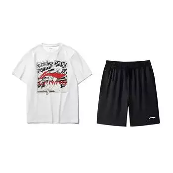 Li-Ning Cartoon Logo Print Round Neck Short Sleeve T-Shirt Fashion Trendy Versatile Shorts Casual Sports Suit Unisex suit AHSUA21-1+AKSV843-1 XL