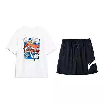 Li-Ning Cartoon Logo Print Round Neck Short Sleeve T-Shirt Fashion Versatile Comfortable Trendy Shorts Casual Sports Suit AHSU805-2+YKSV197-2 L