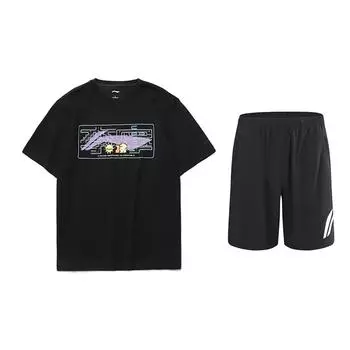 Li-Ning Cartoon Pattern Printed Short Sleeve T-Shirt Large Logo Solid Mark Mid Waist Five Point Shorts Casual Sports Set AHSUA23-2+YKSV197-2 L