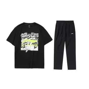 Li-Ning Cartoon Print Cotton Loose Short Sleeve T-Shirt Thin Quick-Dry Casual Sports Suit Men Tops Black AHSR401-2+AYKT413-1 L