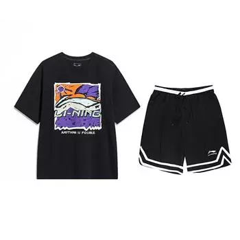 Li-Ning Cartoon Print Round Neck Short Sleeve Sports Suit With Striped Shorts Unisex Sportswear Black AHST543-2+YAPV001-1 M