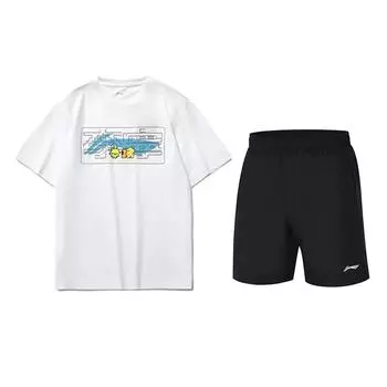 Li-Ning Cartoon Print Round Neck Short Sleeve T-Shirt Quick Dry Loose Fit Shorts Casual Sports Set Unisex sets AHSUA23-1+YKST119-1 L