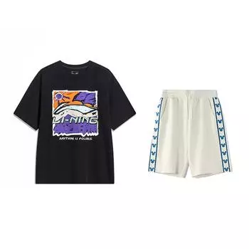 Li-Ning Cartoon Print Round Neck Short Sleeve T-Shirt Comfortable Skin-Friendly Versatile Shorts Casual Sports Set Unisex sets AHST543-2+YKSV129-1 XL