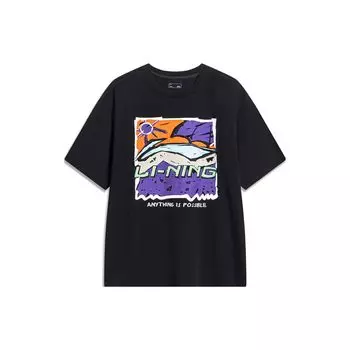 Li-Ning Футболка унисекс с круглым вырезом и коротким рукавом, принтом из мультфильма, с заниженной линией плеч, черная AHST543-2 L