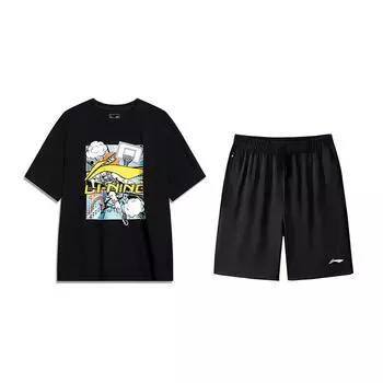 Li-Ning Cartoon Print Trendy Loose Comfortable Round Neck Short Sleeve Versatile Shorts Casual Sports Suit Unisex suit AHSU805-1+AKSV843-1 L