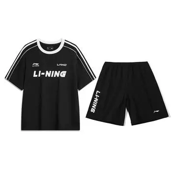 Li-Ning Casual Loose Fit Round Neck Short Sleeve Top And Elastic Waist Solid Color Five-Point Pants Set Unisex sets Black YHSV367-2+YKSV131-2 L