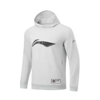 Li Ning CBA Professional Basketball Series Logo Print Sweat-Absorbing Hooded Fleece Sweatshirt Men sweatshirt Chuan-Stone-Grey AWDT883-6 M