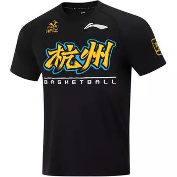 Li Ning CBA Series 24 Season Guangsha Team Letter Print Однотонный пуловер с круглым вырезом и коротким рукавом Баскетбольная рубашка унисекс Топы черного цвета ATSU983-2 M