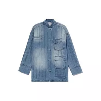 Li Ning CF тканая пуговица асимметричный карман свободная джинсовая куртка мужская куртка синий AJDR529-1 L