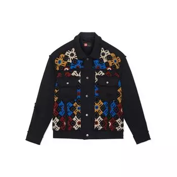 Li Ning China Series Цветочные китайские иероглифы Вышитый узор с потертостями Однобортная джинсовая куртка с длинным рукавом Мужские куртки Черный AFDSB53-1 XS